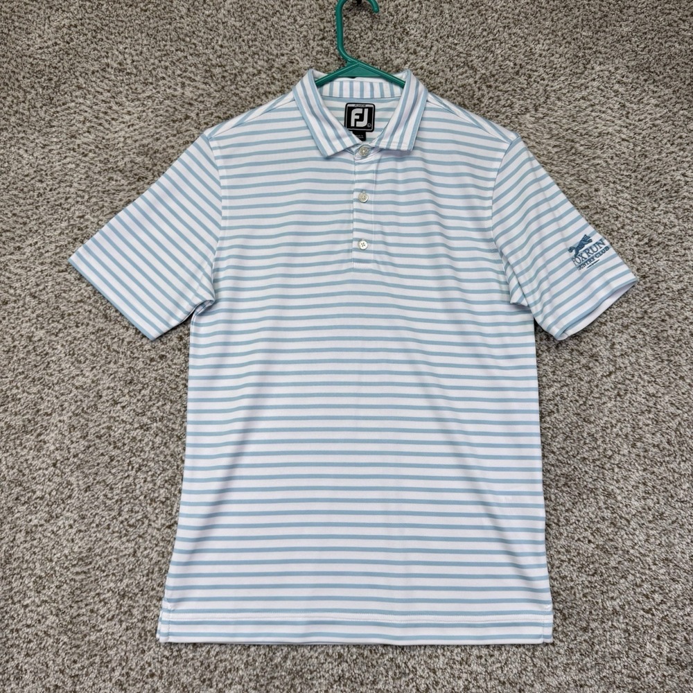 Footjoy Junior Golf Polo Shirt Boys Size Large Blue White Stripes Performance
